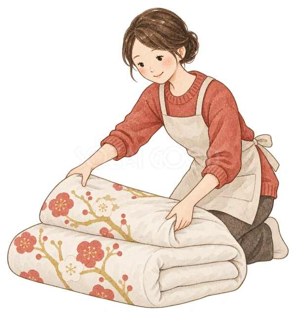 布団をたたむ女性の水彩イラスト