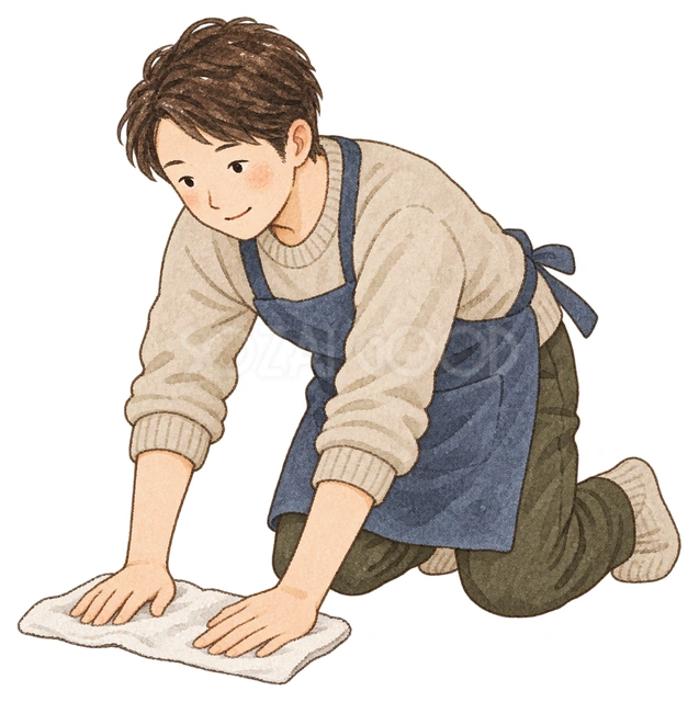 床を雑巾がけする男性の水彩イラスト