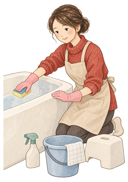 浴室を洗う女性の水彩イラスト