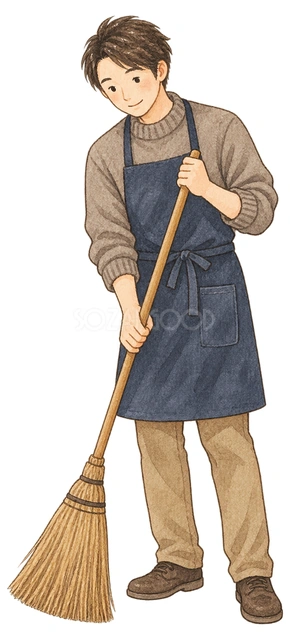 玄関を掃く男性の水彩イラスト