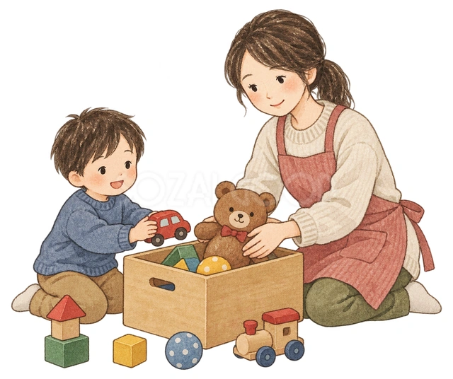 親子でおもちゃを片付けるの水彩イラスト