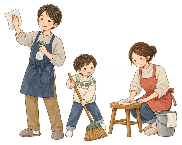 家族で大掃除の水彩イラスト