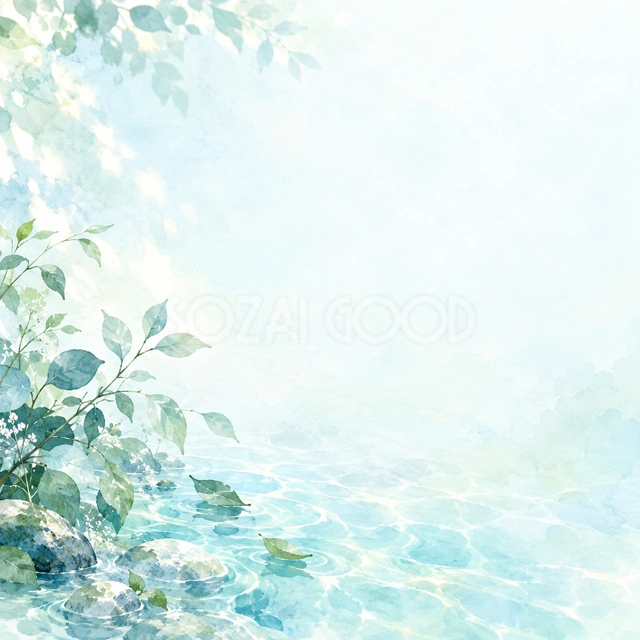 水面と青葉・正方形の背景