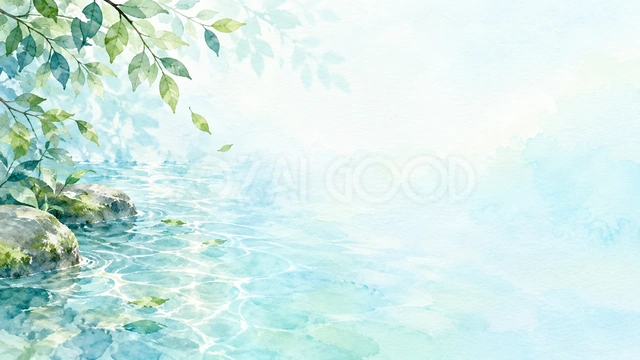 水面と青葉・横長の背景