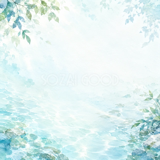 水面と青葉・正方形の背景