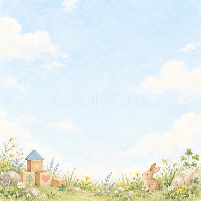 積み木と草花・正方形の背景