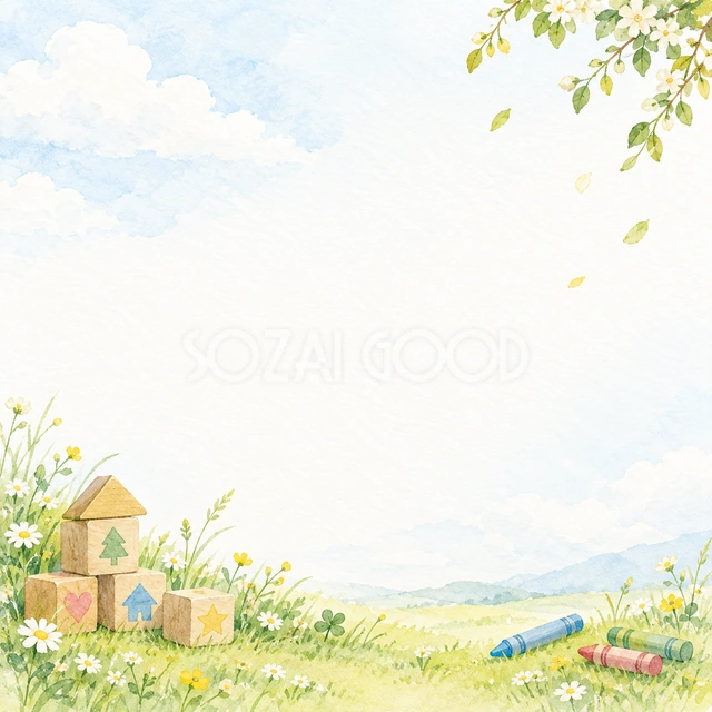 積み木と草花・正方形の背景
