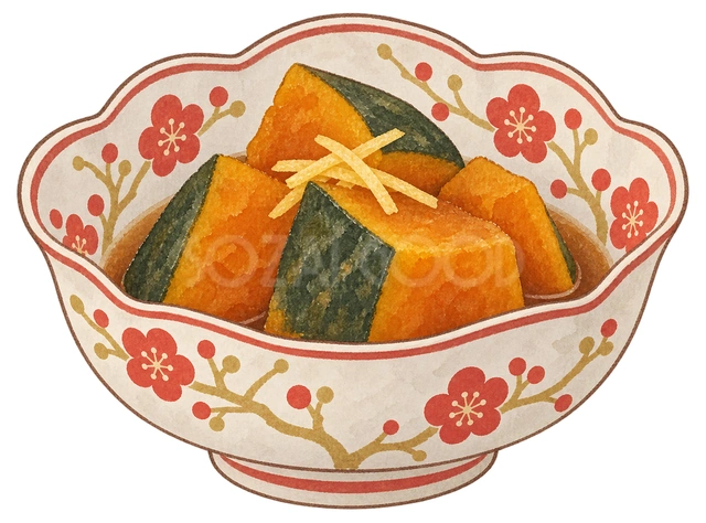 かぼちゃの煮物を和柄の小鉢にの水彩イラスト