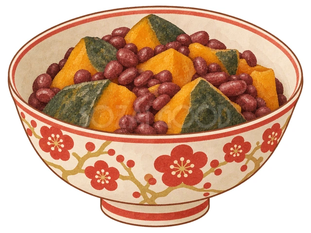 小豆とかぼちゃのいとこ煮を和柄の器にの水彩イラスト