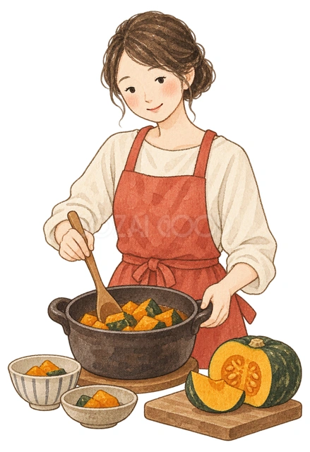 かぼちゃ料理を作る女性の水彩イラスト