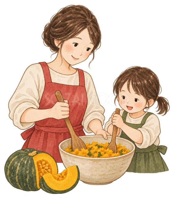親子でかぼちゃを混ぜるの水彩イラスト