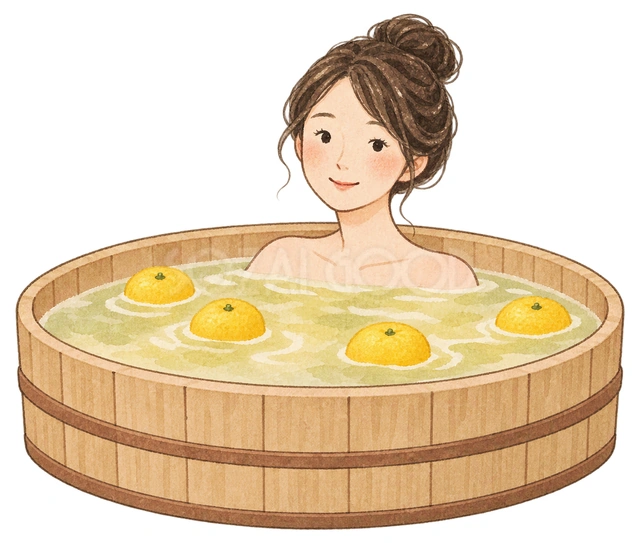 ゆず湯で温まる成人女性の水彩イラスト