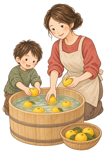 ゆずを浴槽へ入れる親子の水彩イラスト