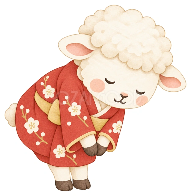 ぺこりとお辞儀する羊の水彩イラスト