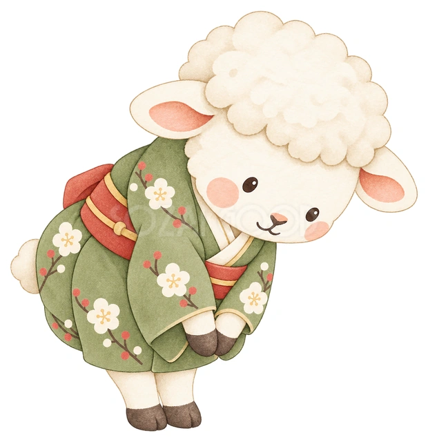 深くお辞儀する羊の水彩イラスト