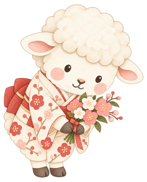 小さな花束で挨拶する羊の水彩イラスト