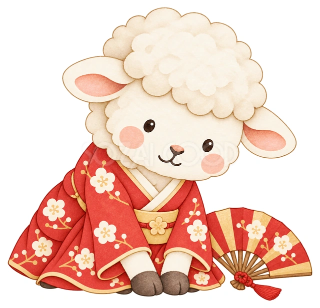 扇を添えて挨拶する羊の水彩イラスト