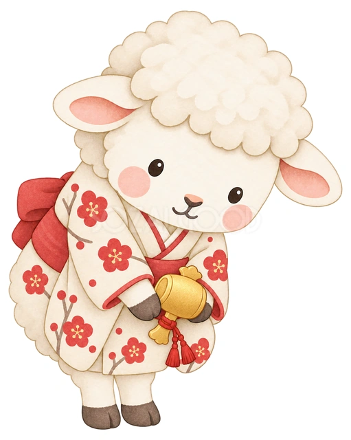 打ち出の小槌を持って挨拶する羊の水彩イラスト