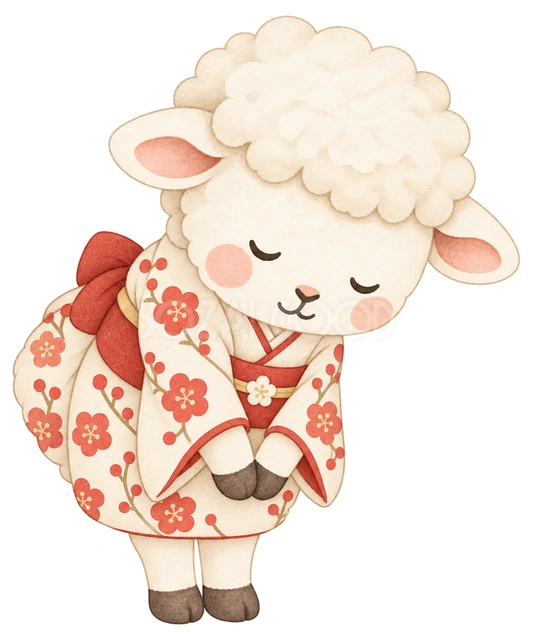 正面でお辞儀する羊の水彩イラスト