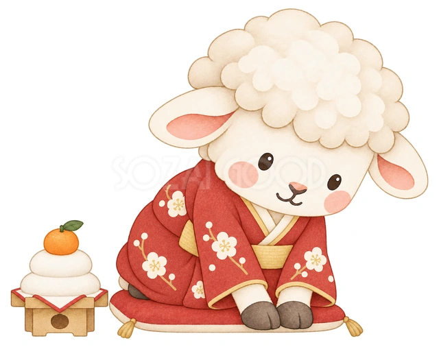 正座でご挨拶する羊の水彩イラスト
