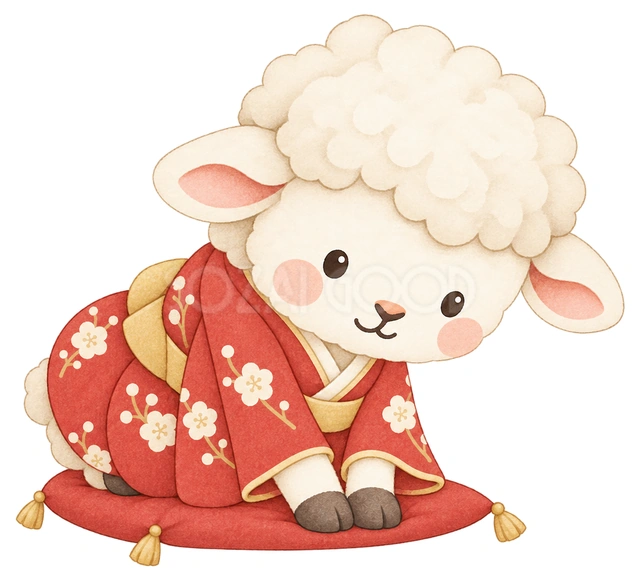 正座でお辞儀する羊の水彩イラスト