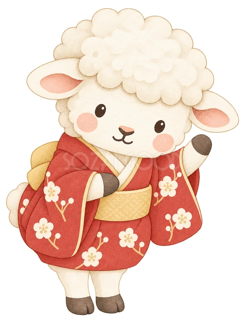 手を振って挨拶する羊の水彩イラスト
