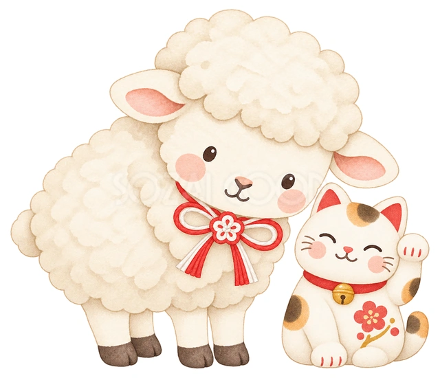 羊と招き猫の水彩イラスト