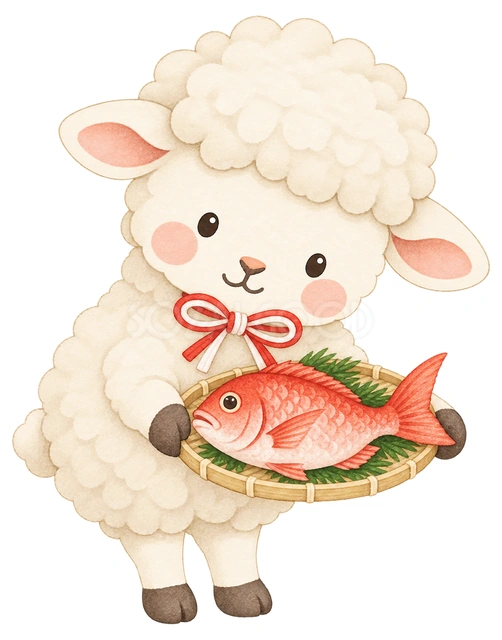 羊と鯛の水彩イラスト
