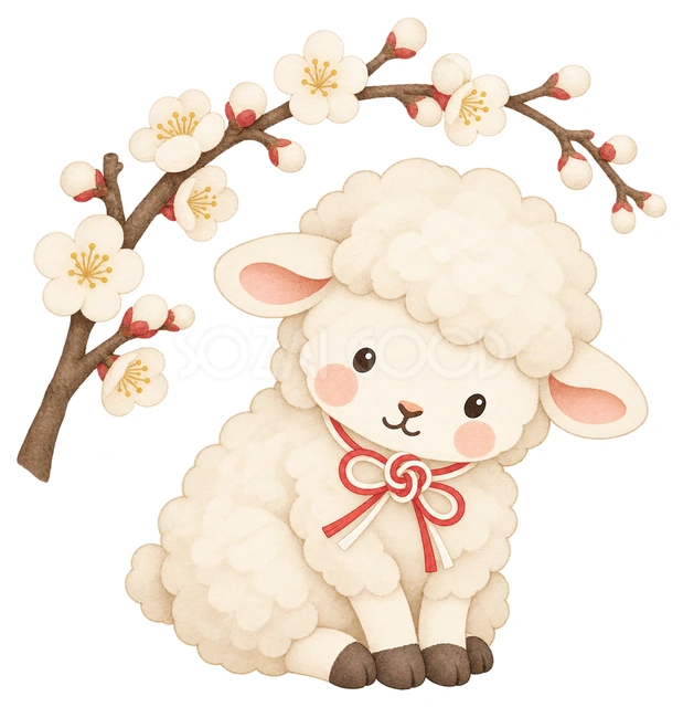 羊と白梅の水彩イラスト