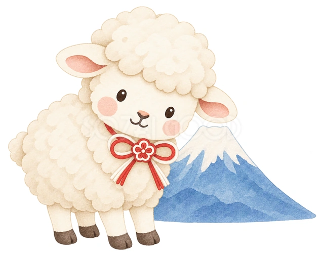 羊と富士山の水彩イラスト