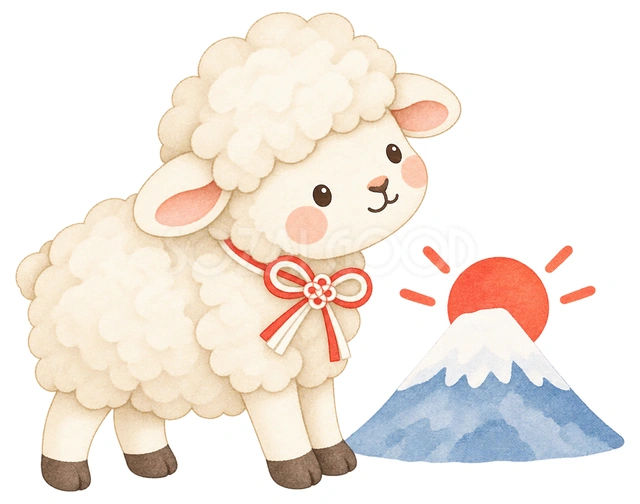 羊と初日の出の水彩イラスト