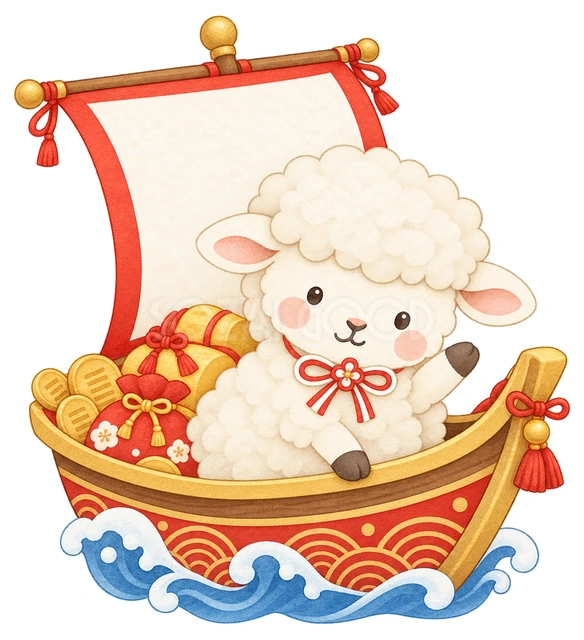 羊と宝船の水彩イラスト