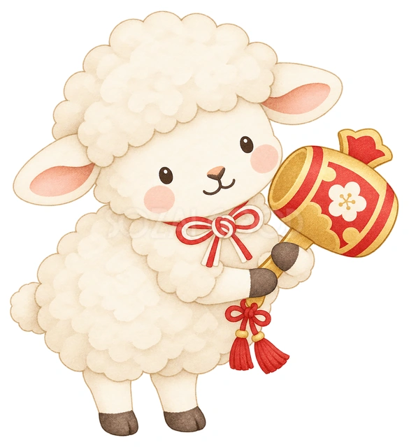 羊と打ち出の小槌の水彩イラスト
