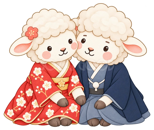 寄り添う羊夫婦の水彩イラスト