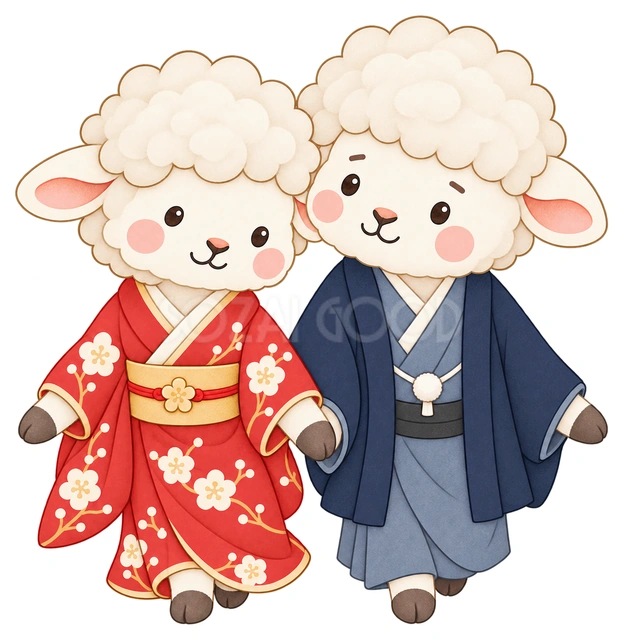 手をつなぐ羊夫婦の水彩イラスト