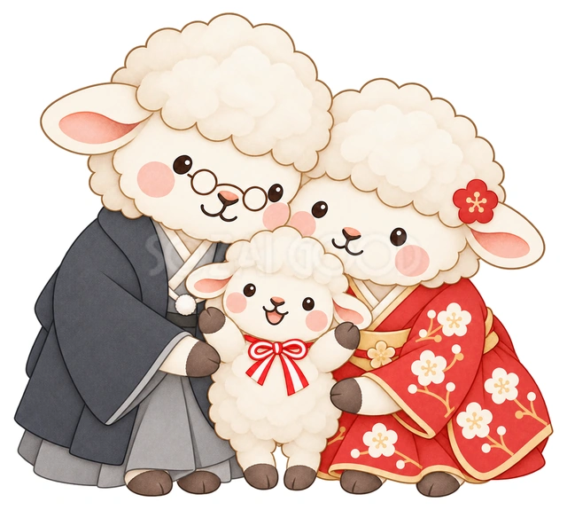 祖父母と孫の羊の水彩イラスト