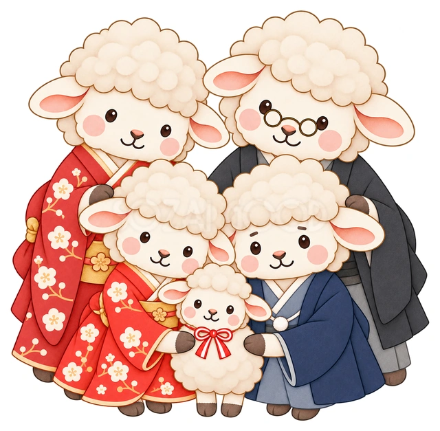 三世代の羊家族の水彩イラスト