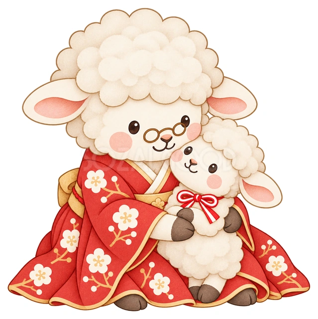 祖母羊と子羊の水彩イラスト