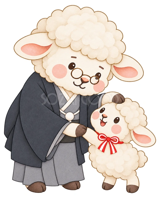 祖父羊と子羊の水彩イラスト