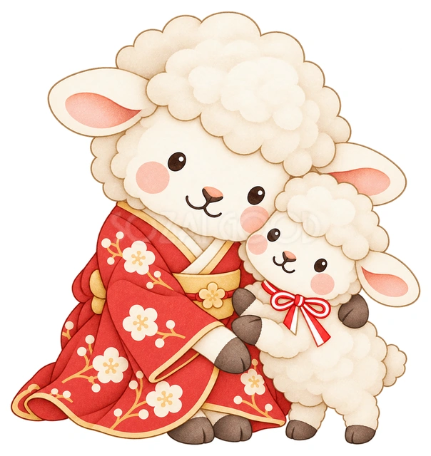 頬を寄せる羊親子の水彩イラスト