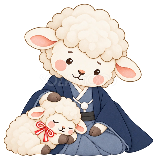 眠る子羊を見守る親羊の水彩イラスト