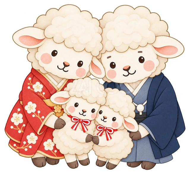 輪になって寄り添う羊家族の水彩イラスト