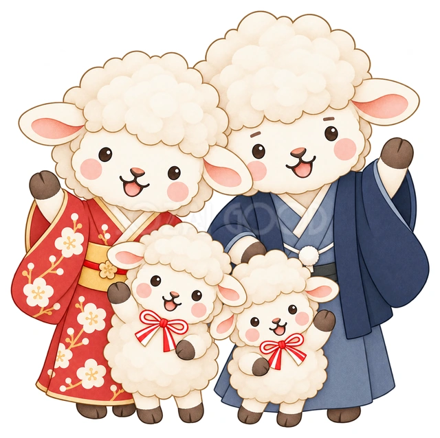家族で手を振る羊の水彩イラスト