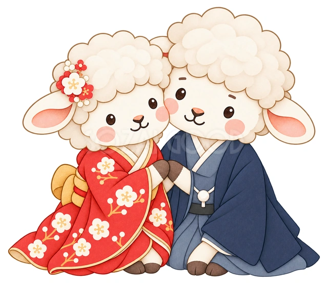 お祝いする羊夫婦の水彩イラスト