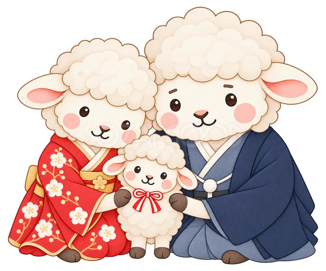 親子3匹の記念写真の水彩イラスト