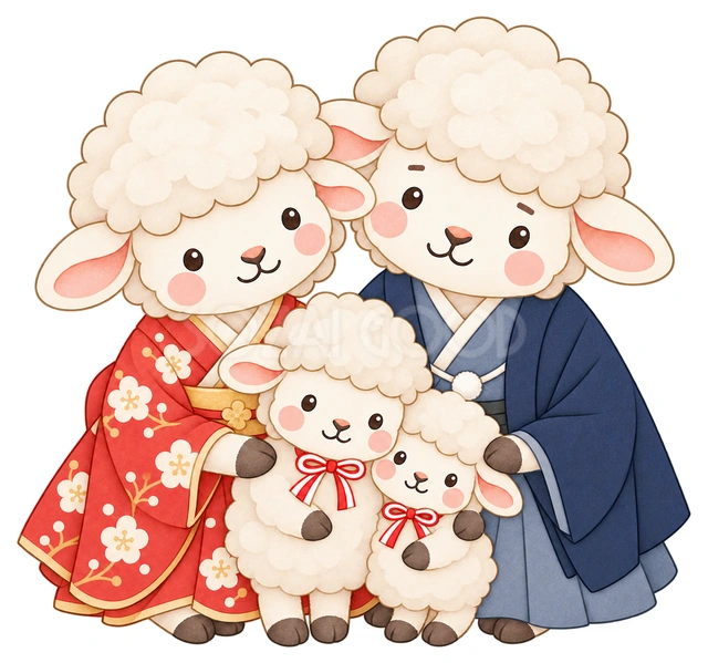 親子4匹の記念写真の水彩イラスト
