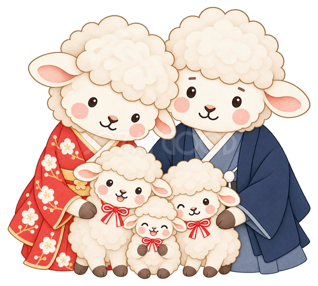 親子5匹の大家族の水彩イラスト