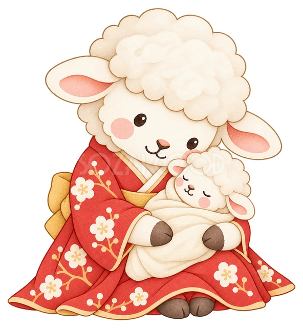 赤ちゃんを抱く母羊の水彩イラスト