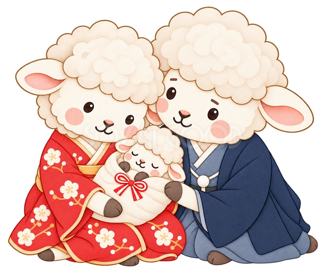 赤ちゃんを囲む羊夫婦の水彩イラスト