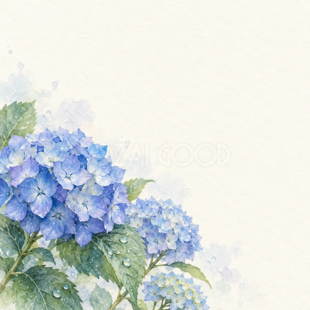 青い紫陽花と小さな雨粒・正方形の背景